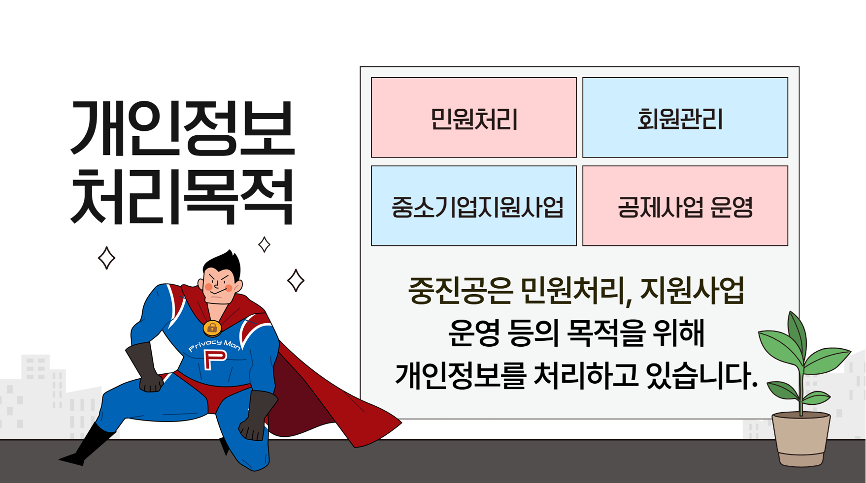 개인정보 처리목적 / 민원처리, 회원관리, 중소기업지원사업, 공제사업 운영 / 중진공은 민원처리, 지원사업 운영 등의 목적을 위해 개인정보를 처리하고 있습니다.